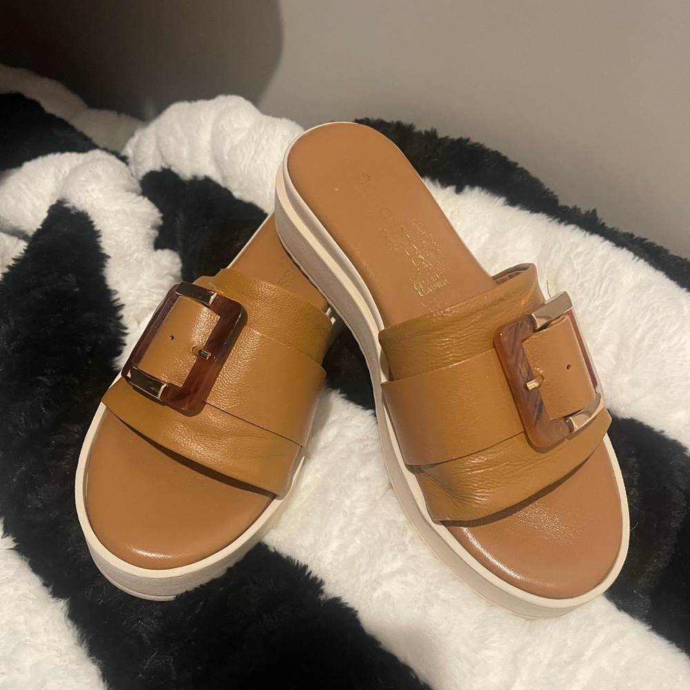 Women's Tan Big Buckle Slide Sandals